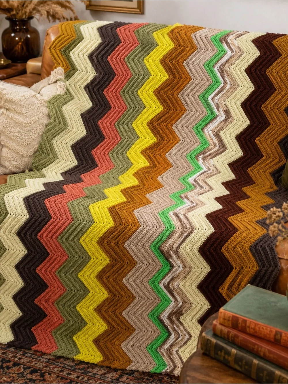 Vintage Handmade Chevron Afghan Blanket | 1970s Earth Tone Crochet Throw | Retro